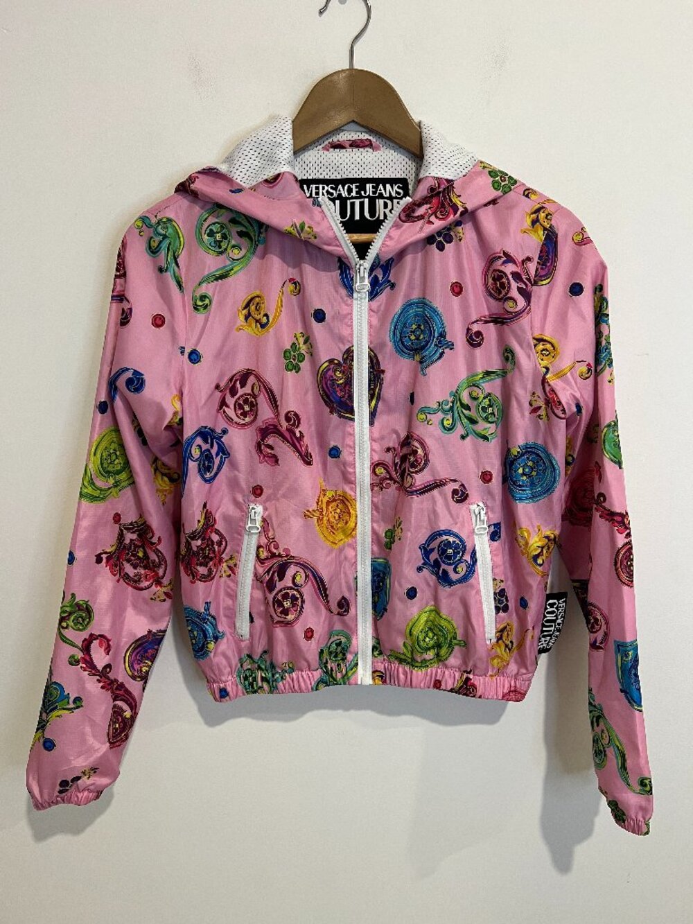 VERSACE Jeans Couture Barocco Pink Windbreaker Hooded Jacket size US 2 Small